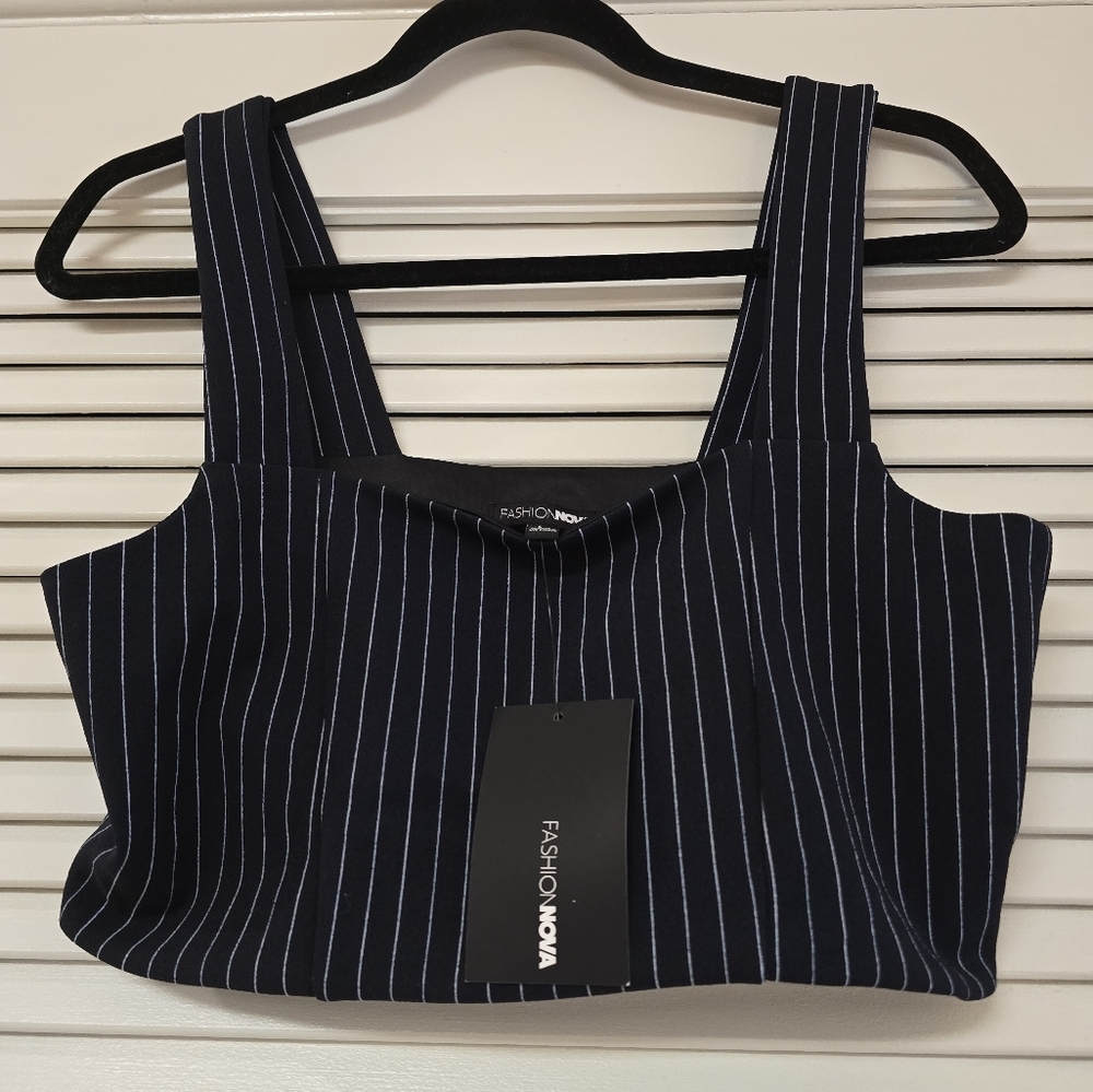 Fashion Nova - Navy & White Pinstripe Sleeveless Crop Top